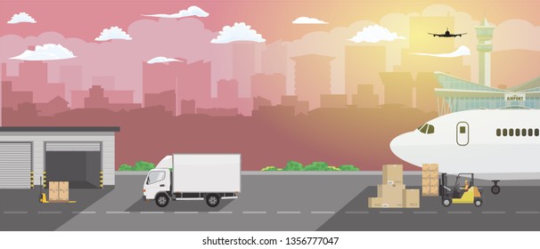 Modern creative delivery and shipping logistics service in business and freight cargo concept illustration. Flat color Vector.