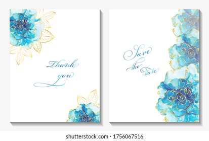 Modern Creative Design, Background With Blue Rose Flower And Golden Leaves. Wedding Invitation , Alcohol Ink, Isolated On White. Vector Illustration.