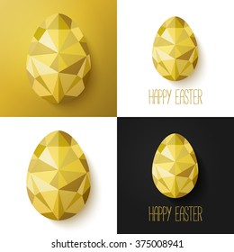 Modern creative Easter cards in black, gold and white. Vector illustration. Flat design polygon of golden eggs. Perfect for greeting card or elegant party invitation.