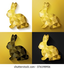 Modern creative Easter cards in black, gold and white. Vector illustration. Flat design polygon of golden bunny. Perfect for greeting card or elegant party invitation.