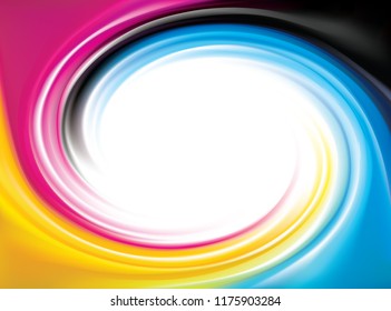 Modern creative eddy aqua fond of vivid primary dye gamma full-colour printout technology process. Glossy curvy spraying ripple disk. Closeup view with space for text in glowing white center