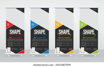 Modern and creative fitness gym roll up pull up standee x banner signage design template for business promotion ads, trendy body building ads in four variant vector template bundle set