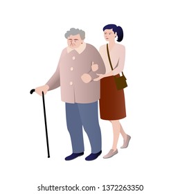Modern creative flat design on young volunteer woman caring for elder woman . Adult woman helping and supporting old aged female . Color vector illustration