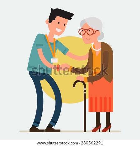 Modern creative flat design on young volunteer man caring for elderly woman | Adult man helping and supporting old aged female | Older person standing holding hand of adult man, full length