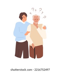 Modern creative flat design of a young male volunteer caring for an elderly man. Adult man helps and supports elderly man. Son with father, Dementia or Alzheimer care