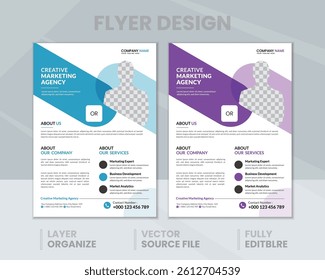 Modern creative flyer design with bold colors, editable vector graphic, business promotional material, professional branding, and clean layout.