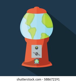 modern & creative Glass earth world gumball machine vector cartoon & a little globe flat design illustration for humanity earth day with blue & green color