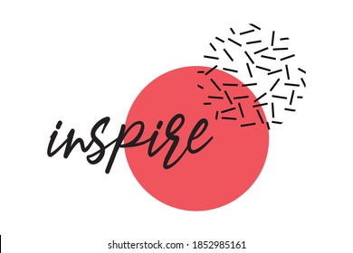Modern, creative graphic design of a word "inspire". Playful, fun geometric shapes with handwritten typography in red and black colors.