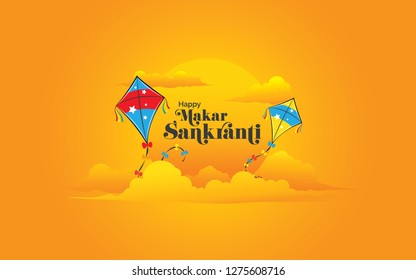 Modern and Creative Happy Makar Sankranti Festival Background Decorated with Kites, Cloud and Sun svg