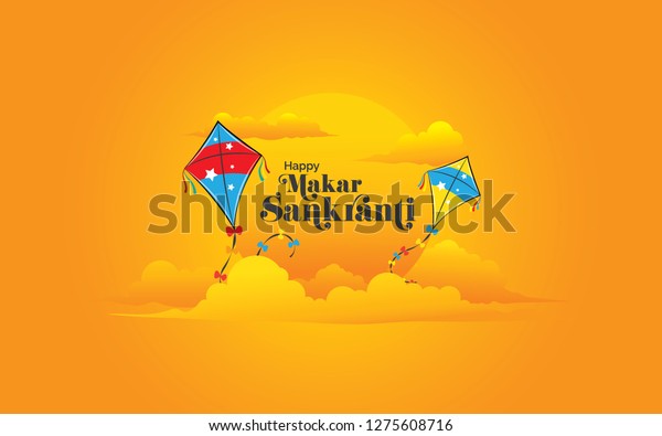 Modern and Creative Happy Makar\
Sankranti Festival Background Decorated with Kites, Cloud and\
Sun