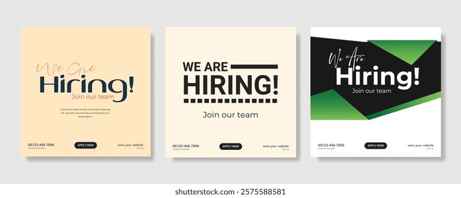 Modern and creative hiring square banner template design for social media post Flat Hiring announcement social media post design, Hiring recruitment open vacancy design info label template. 