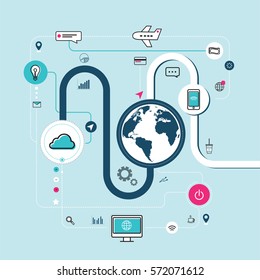 Modern creative icons showing connection of internet, technology and communication on light blue background