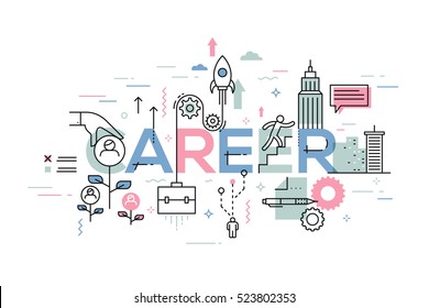 Modern, Creative Infographic Banner With Elements In Thin Line Style. Career Opportunities, Job Seeking, Recruitment And Employment Concept. Vector Illustration For Website, Presentation, Banner.