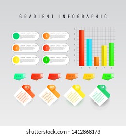 Modern creative infographics elements collection. Gradient objects with numbers and text, timeline infographics, check, speech bubbles, process charts infographics