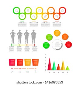 Modern creative infographics elements collection. Gradient objects with numbers and text, timeline infographics, check, speech bubbles, process charts infographics