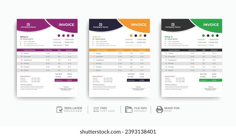 Modern and creative invoice layout | 3 colors variation invoice design bundle for your company