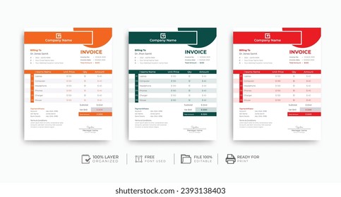Modern and creative invoice layout | 3 colors variation invoice design bundle for your company