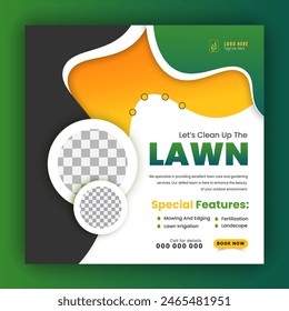 Modern, creative, lawn mower garden or landscaping service social media post design, agriculture farming business promotion in green color, premium vector, layout, poster, web banner, template