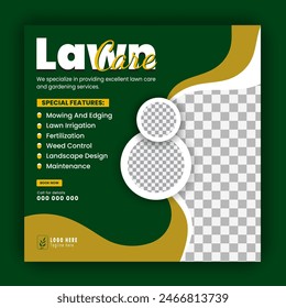 Modern, creative, lawn mower garden or landscaping service social media post design, agriculture agriculture business promotion in green and orange colors, layout, poster, web banner, template