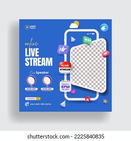 Modern creative live streaming webinar conference social media post and digital business marketing banner template suitable for square banner, flyer or poster with 3d render gradient colorful design