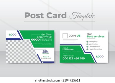 Modern And Creative Medical Healthcare Post Card Design template Green Color ,Event Card Design, Invitation Print Ready Corporate Professional Business EDDM Design.