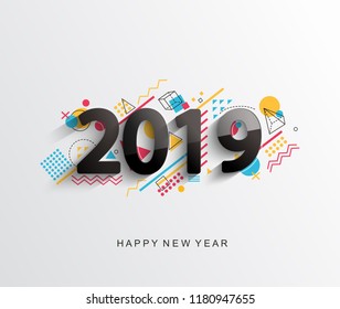 Modern creative new 2019 year design card with geometric shapes on background for your seasonal holidays flyers, greetings and invitations cards and christmas themed congratulations and banners.Vector