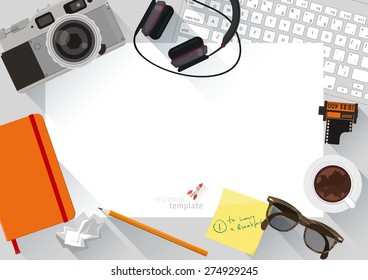 Modern creative office desktop workspace. Flat design vector mock up.