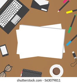Modern creative office desktop workspace. Flat design vector mock up. Copy space.