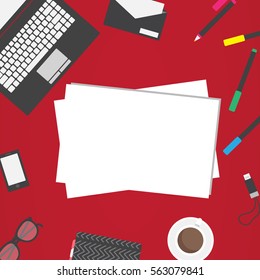Modern creative office desktop workspace. Flat design vector mock up. Copy space.