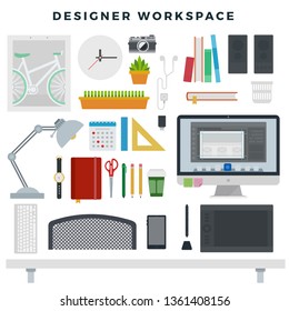 Modern creative office workspace, set. Workplace of digital designer. Computer, graphic tablet, smartphone, table lamp, desk, diary, books, camera, headphones, coffee. Vector illustration.