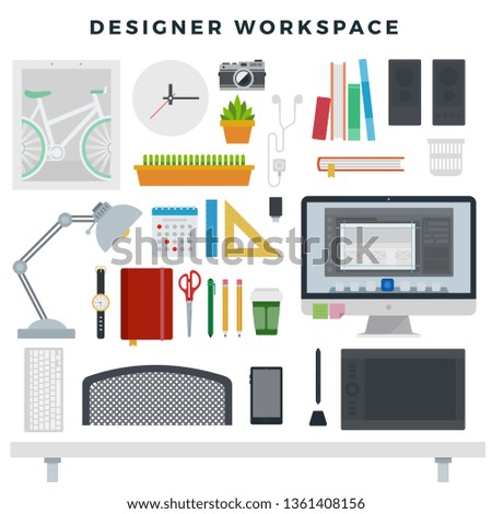 Modern creative office workspace, set. Workplace of digital designer. Computer, graphic tablet, smartphone, table lamp, desk, diary, books, camera, headphones, coffee. Vector illustration.