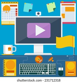 Modern creative office workspace, workplace with computer. Office of creative worker. Flat minimalistic style and color