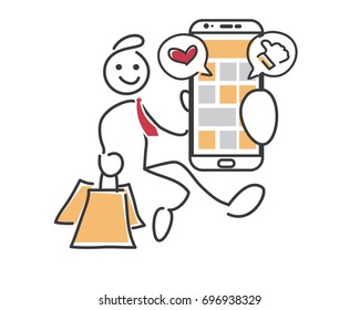 Modern Creative Online E-commerce Stickman Illustration Concept - Happy Customer Sending Like And Love Through Mobile Apps