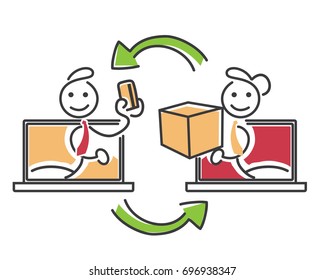 Modern Creative Online E-commerce Stickman Illustration Concept - Fast And Easy Credit Card Payment Transaction Process