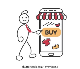 Modern Creative Online E-commerce Stickman Illustration Concept - Regular Customer Visiting Favorite Online Mobile Store