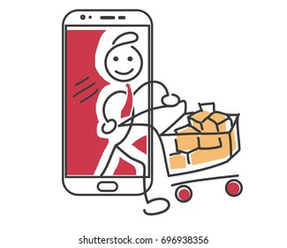 Modern Creative Online E-commerce Stickman Illustration Concept - Happy Online Customer Adding Sale Item To Shopping Cart