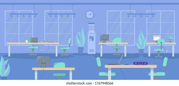 Modern creative open space office interior design. Computers on desktops, chairs, potted plants, water cooler. Vector flat illustration of business workplace for coworking, empty workplace background