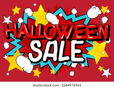 Modern creative pop art vibrant comic book style Halloween Sale text. Cartoon design.