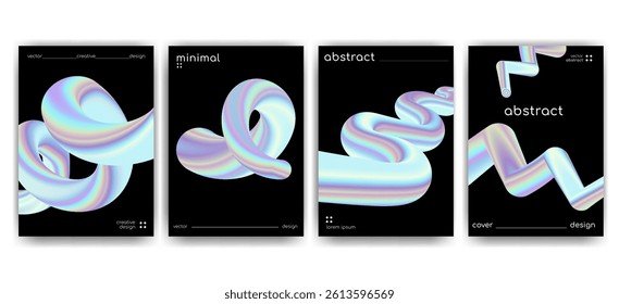 Modern creative poster template set with abstract 3D holographic gradient tubes on black background, perfect for posters album covers digital art branding and trendy web graphics.Vector illustration