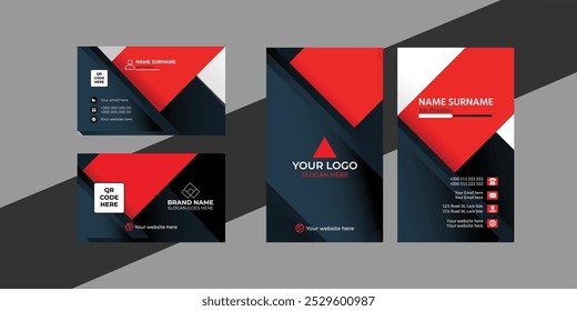 Modern creative professional business card template design. Navy blue and red color shape business card template