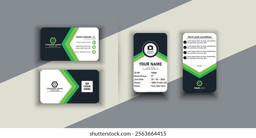 Modern creative professional business card template. Landscape and portrait business card with green and black simple shape design.