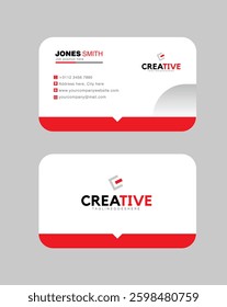 Modern creative professional business card template design in white background with black and red text