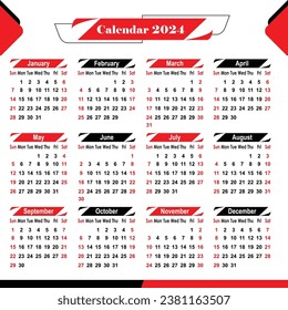 Modern Creative And professional calendar Design 2024, red and black unique calendar vector