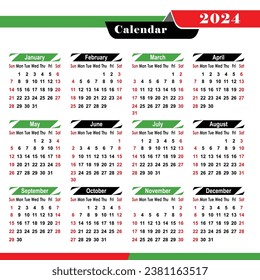 Modern Creative And professional calendar Design 2024, green unique style calendar vector