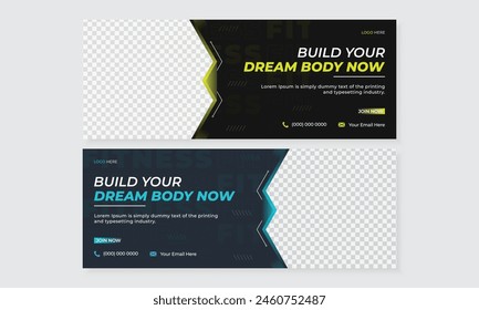 Modern creative professional gym fitness training social media facebook timeline cover web banner template design for online marketing workout plan promotion growth ads post, easy to use and edit set