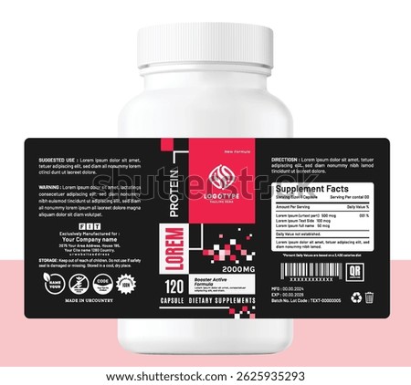 Modern and creative protein supplement label design with bold colors and geometric patterns. Ideal for fitness, gym, nutrition, and health product packaging.