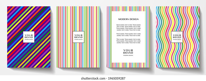 Modern creative rainbow cover design set.  Abstract colorful line pattern (wave) on black background. Creative stripe vector collection for business background page, brochure template, booklet, flyer