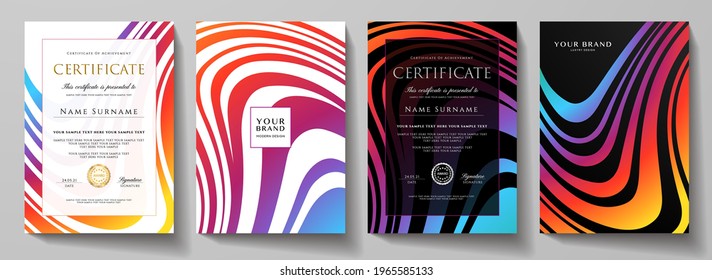 Modern creative rainbow cover design set.  Abstract wavy colorful line pattern (curves) on black background. Creative stripe vector collection for certificate, brochure template, booklet page