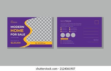 Modern Creative Real estate postcard design template, Real estate home for sale postcard template with purple and yellow color, Real Estate Postcard Templates, 100% Editable