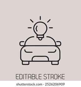 A modern and creative representation of automotive technologies, featuring a car and a light bulb symbolizing innovation. This pixel-perfect, editable stroke icon.